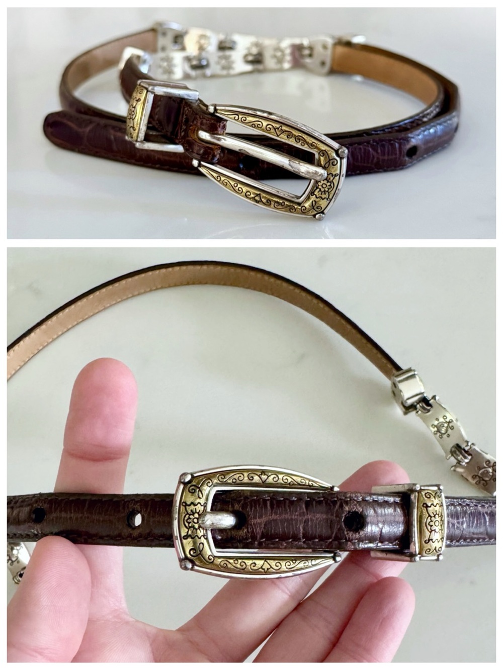Brighton Western Brown Leather Croc-Embossed Concho Belt, Silver & Gold sz. 32 - Picture 3 of 16